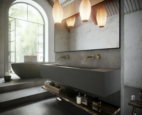COCOON gray double sink with gold faucets