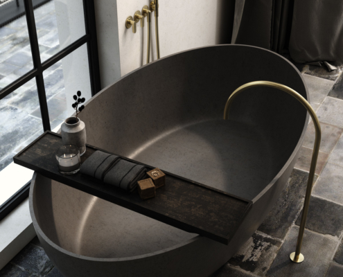 COCOON John Pawson gray bathtub with gold faucet
