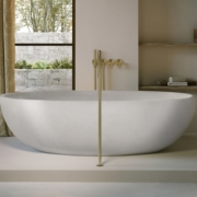 Gray COCOON bathroom with soaking tub