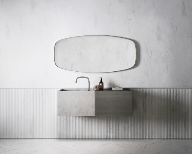 Piet Boon basin in gray with a keke shape mirror in luxury bathroom