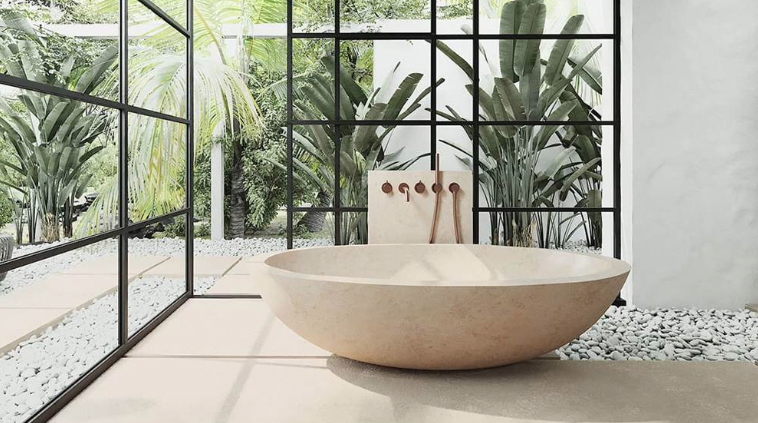 modern luxury bathroom design, beige COCOON tub with outdoor view